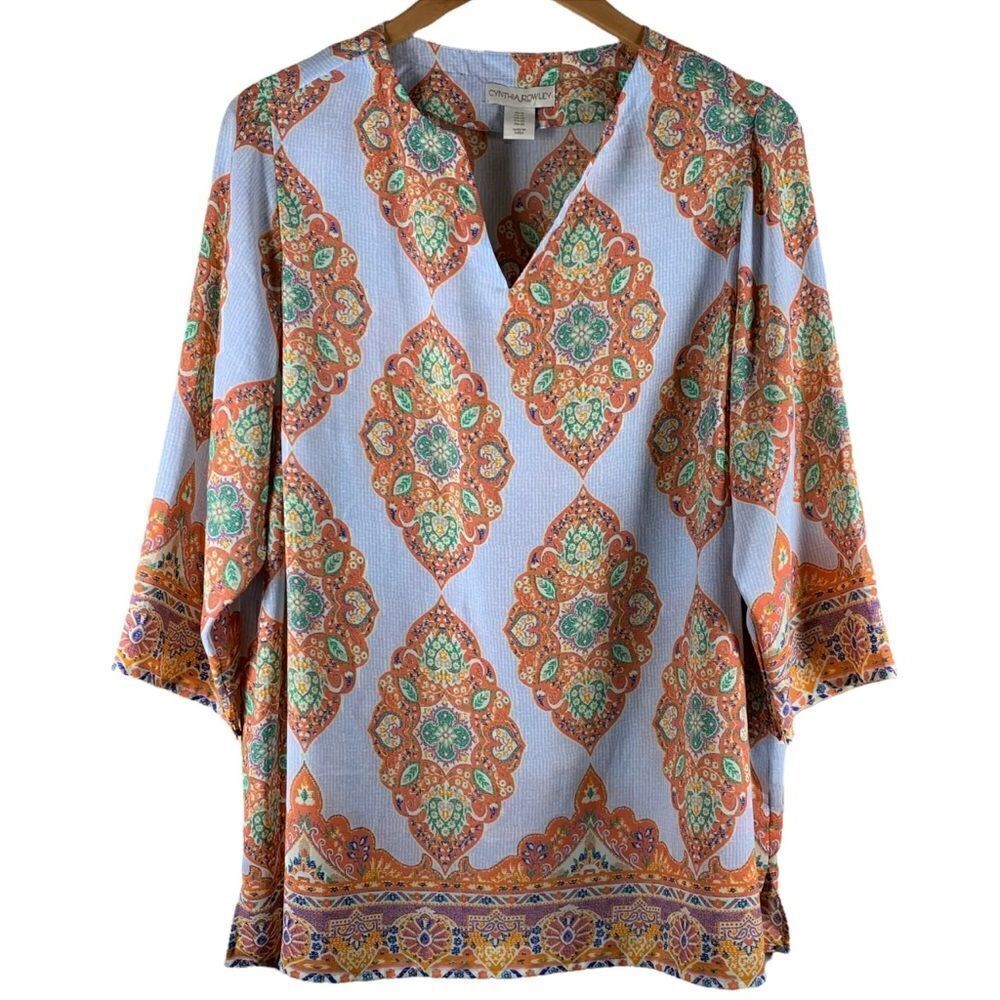 CYNTHIA ROWLEY- Blue and Orange Medallion Print Boho Tunic Top, Plus Size 1X